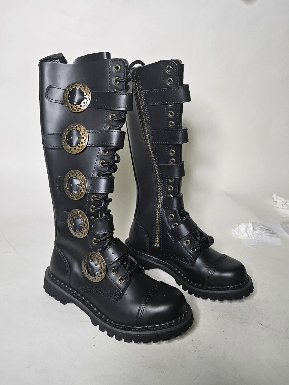 Black LEATHER Women's Knee-High Buckle Lace-Up Combat Boots Womens SIZE 8 Mens 6